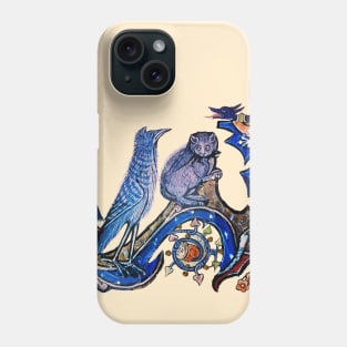 WEIRD MEDEVAL BESTIARY, CAT AND CUCKOO BIRD IN BLUE Phone Case