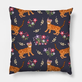 Cute Bengal Cat and Flowers Pillow