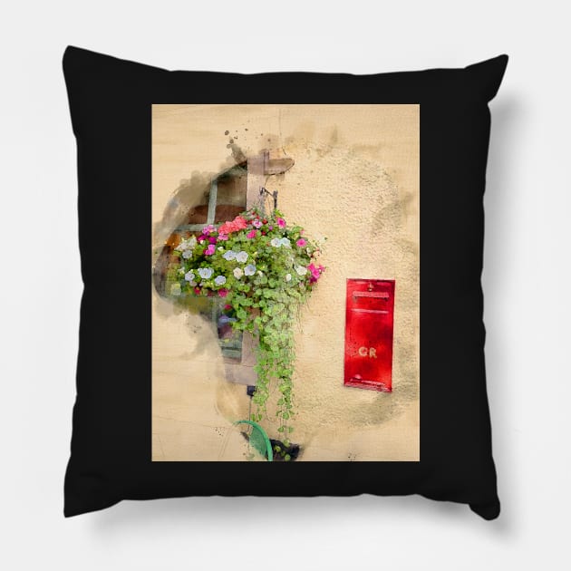 Hanging Flower Basket - Watercolour Pillow by Graz-Photos