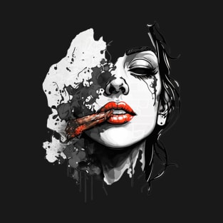 Smoking Woman, Cannabis, Cigarette Red Lip Badass T-Shirt