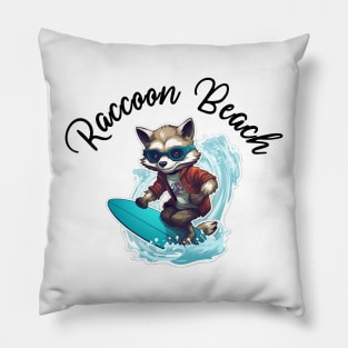 Raccoon Surfing - Raccoon Beach (Black Lettering) Pillow