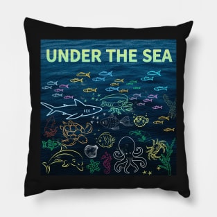 under the sea,blue sea,sea creatures,Turtle, puffer fish, starfish, shrimp, shark, tropical fish, sea horse, seaweed, sardines, squid, crabs, clams Pillow