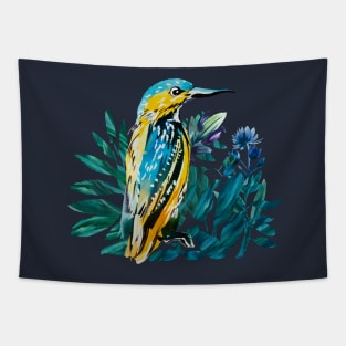 Kingfisher painted in watercolor on blue background Tapestry