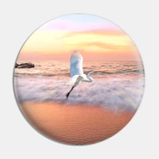 Egret Flies Toward an Ocean Sky Pin