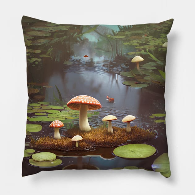 Mushroom Pond Landscape Pillow by Trip Tank