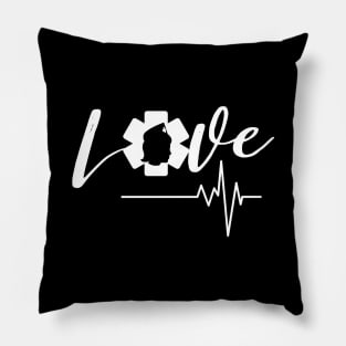 Love Nursing white text design with Nurse star, silhouette and heartbeat Pillow