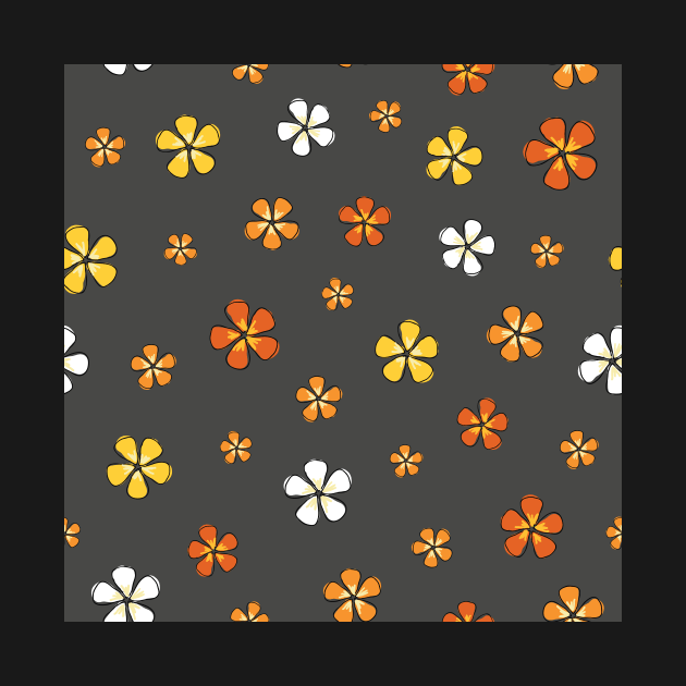Doodle orange and yellow Hibiscus flowers on gray background by counterclockwise