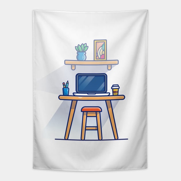 Table, Chair, Laptop, Cup, Stationary, Plant, And Picture Cartoon Tapestry by Catalyst Labs