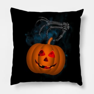 Pumpkin and Skeleton Hand Happy Halloween Pillow