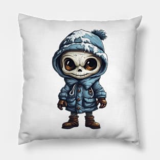 Spooky figure of a skull in a mask wearing a cloak, perfect for Halloween, covered with snow ! Pillow