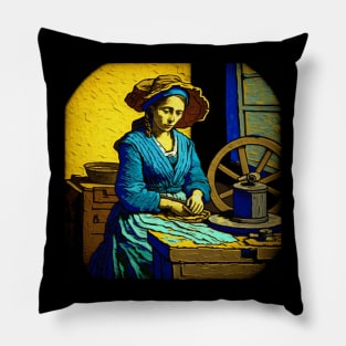 Illustration of a woman sitting at a table in Van Gogh style Pillow