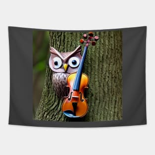 An Owl Appearing Out From A Tree With Violin By Its Side Tapestry