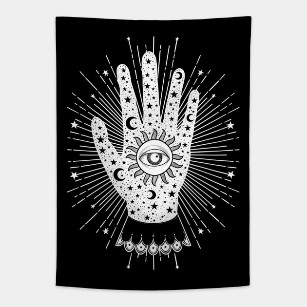 Palmistry Palm with All Seeing Eye Sun Moon and Stars in White All Seeing Eye Tapestry TeePublic