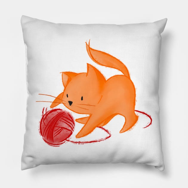 Cute Cat playing with ball of yarn - ginger Pillow by Uwaki