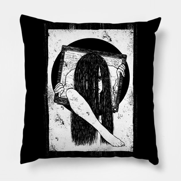 TV Set SADAKO (white print) Pillow by Bloody Savage