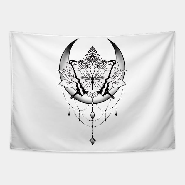 Mandala Butterfly Celestial Moon Design Tapestry by Helena Morpho 