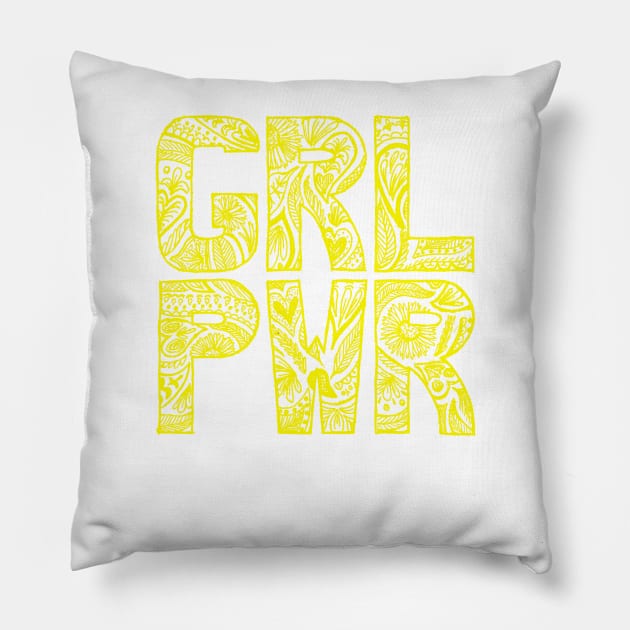 Floral girlpower text in yellow Pillow by InkLove