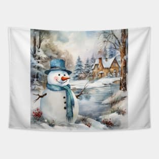 Snowman Log Cabin Winter Tapestry