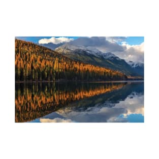 Mountain Peaks Reflect Into Bowman Lake In Autumn Glacier National Park T-Shirt