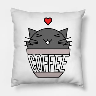 Happy cat in coffee cup with warped text heart on head black Pillow