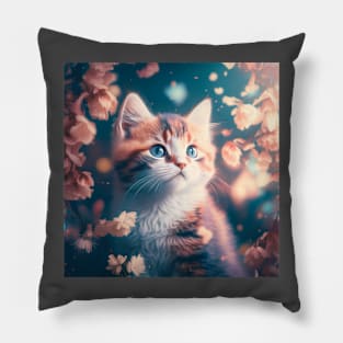 Cute Cat Blue Eyes Floral Background | White, brown and grey cat with blue eyes | Digital art Sticker Pillow