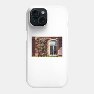 Window with climbing roses, administration building, Nordwolle industrial monument, Delmenhorst, Lower Saxony, Germany, Europe Phone Case