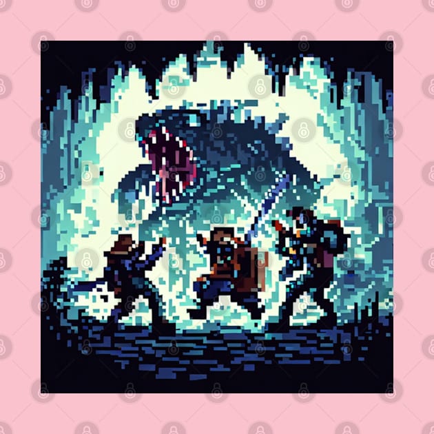 A group of adventurers fighting a monster in a cave pixel art by maricetak