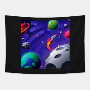 Colorful Outer Space with Planets and Spaceship Tapestry