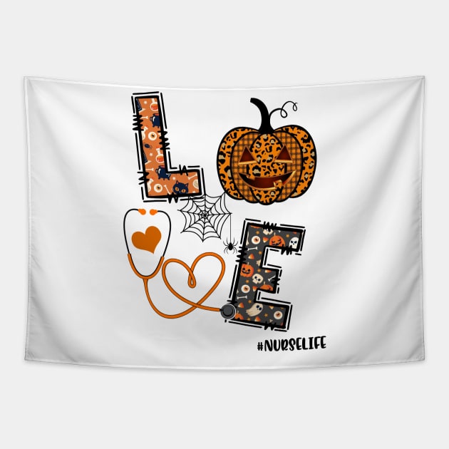 Love Nurse Pumpkin Leopard Fall Halloween Thanksgiving Women T-Shirt Tapestry by WoowyStore