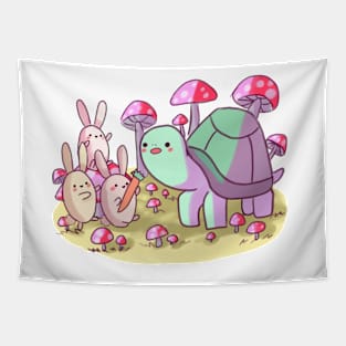 Cute bunnies and turtle with mushrooms Tapestry