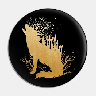 Fairy Tale Metallic Gold Wolf Castle and Trees Pin