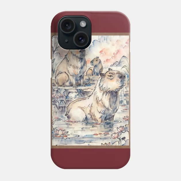 Capybaras swim in the lotus pond Phone Case by AnnArtshock