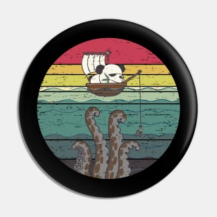 Funny Cute Fishing Panda Retro Sunset Distressed Vintage Rainbow Colors Pin