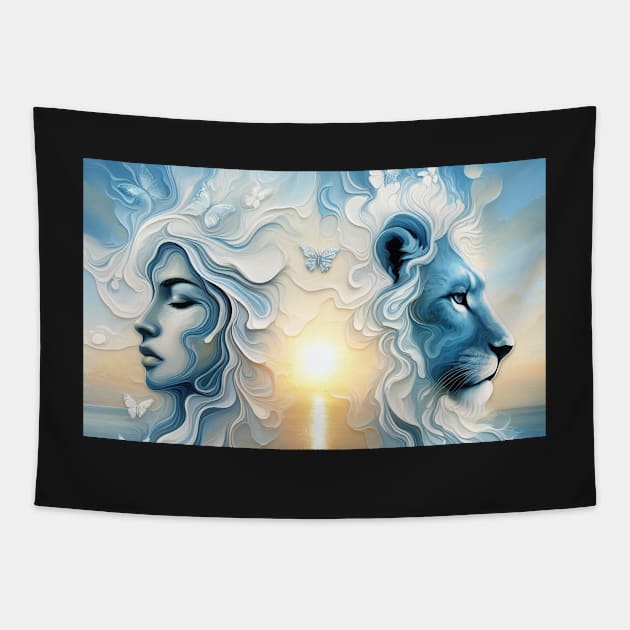 Woman, lion, butterfly, sunrise at the sea Tapestry by KlausCzernitzki