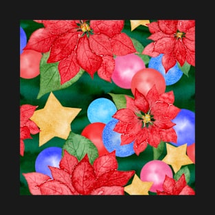 Retro Christmas Poinsettias and Baubles T-Shirt