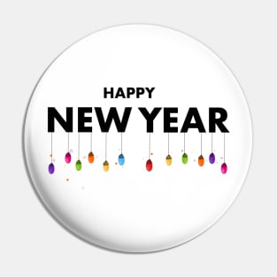 Happy new year text with hanging colorful light bulbs Pin