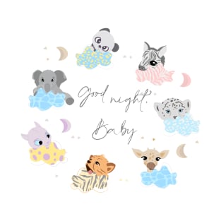 Sleeping baby animals on clouds, cute safari animals, good night baby set T-Shirt