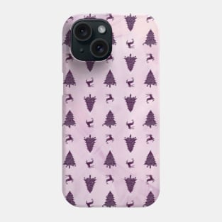 Pretty Plum Christmas Trees & Reindeer Pattern on Pink Peach Ombre Phone Case