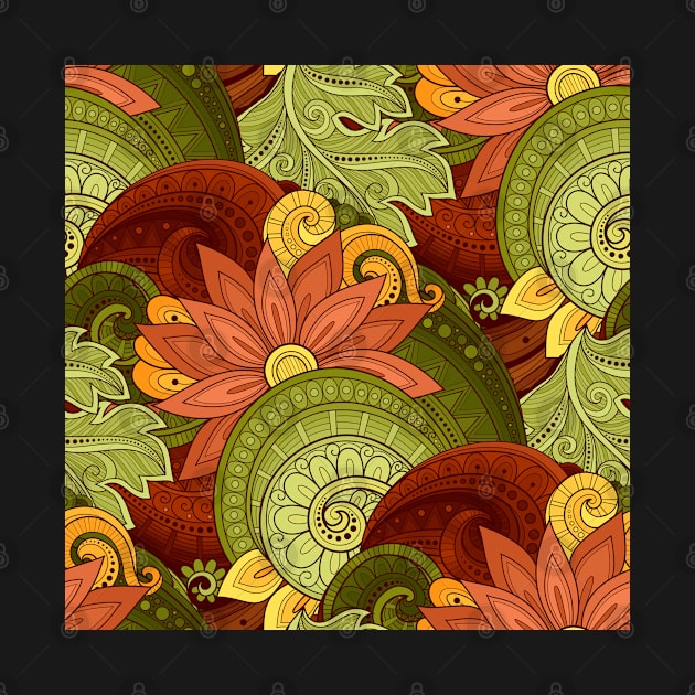 Colorful Pattern with Floral Motifs. Ornate Flowers, Leaves and Swirls by lissantee