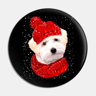 White Maltipoo Wearing Red Hat And Scarf Christmas Pin