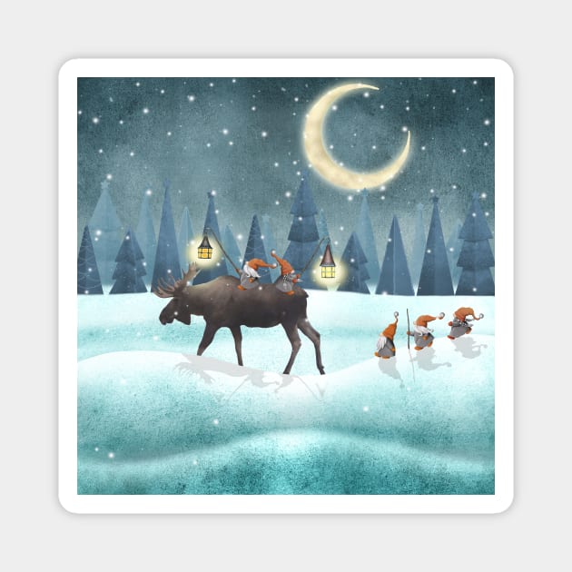 Scandinavian gnomes with moose watercolor illustration. Cute Christmas gnomes in snow forest. Winter fantasy moon night. Swedish Nordic funny gnomes Magnet by likapix