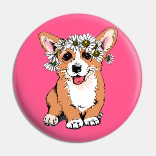 Cute Funny Corgi With Flowers on Head Artwork Pin