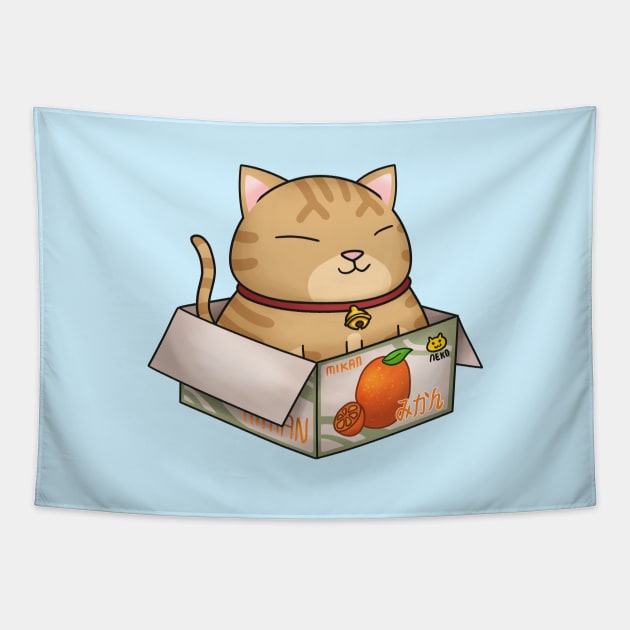 Orange Chubby Cat in Mikan Box Tapestry by Takeda_Art