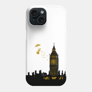 Mary Poppins and Big Ben Linocut Print in black, blue and gold Phone Case