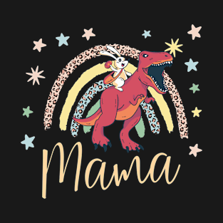 Bunny on T-Rex Rainbow Leopard Pattern Easter Dinosaur Mama T-Shirt