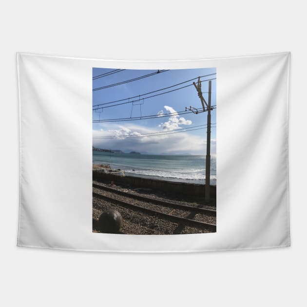 Lucrino Beach with Train Tracks Tapestry by Sandraartist