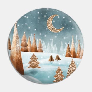 Gingerbread trees snow landscape watercolor illustration. Winter candy world fantasy print. Cookies spruce trees and moon. Sweet Christmas decorations Pin