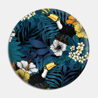 Toucans amd tropical flora, blue , yellow , orange and white Pin