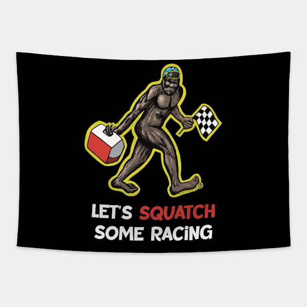 Bigfoot Let’s SQUATCH Some Racing Tapestry by Art from the Blue Room