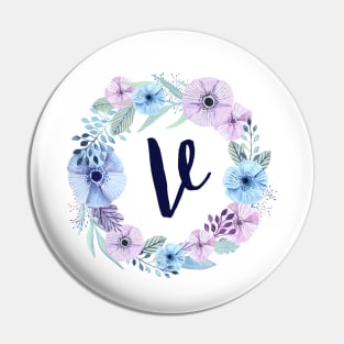 Floral Monogram V Icy Winter Blossoms Pin